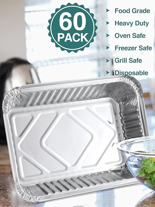 60 Pack 8x6 Disposable Aluminum Pans Aluminum-Foil-Pans-Tin-Foil-Baking-Pans-Tin-Trays-Food-Containers-for-Meal-Prep-Cooking-Roasting-Heating