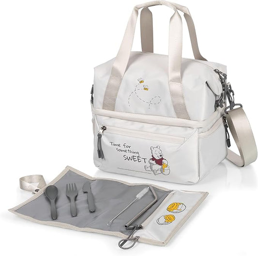 PICNIC TIME Disney Winnie The Pooh Tarana Insulated Lunch Bag Made from Recycled Material, Lunch Box with Picnic Set, Upcycled Lunch Cooler Bag, (Halo Gray)