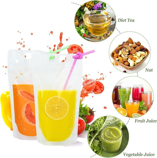 100 PCS Reusable Juice Pouches for Adults, Heavy Duty Plastic Smoothie Bags With 100 Straws Funnel for Cold Hot Drinks