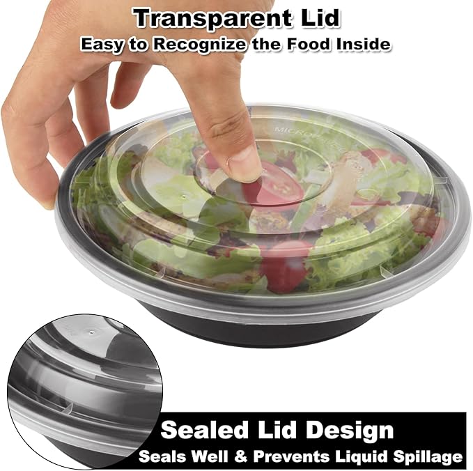 50 Pack 24 oz / 700 ml Meal Prep Containers with Lids, Plastic Thick Food Storage Containers, Round Meal Prep Bowl, BPA-Free, Freezer & Dishwasher Safe-Black