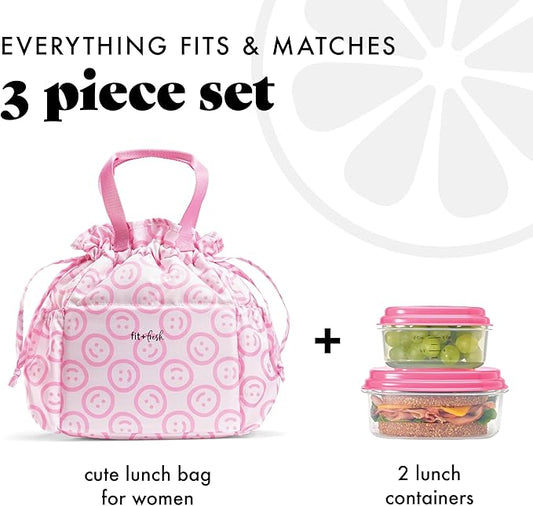 Fit & Fresh Lunch Bag For Women, Insulated Womens Lunch Bag For Work, Stain-Resistant Large Lunch Box For Women With Containers, Cinch Closure Cromwell Bag Cotton Candy