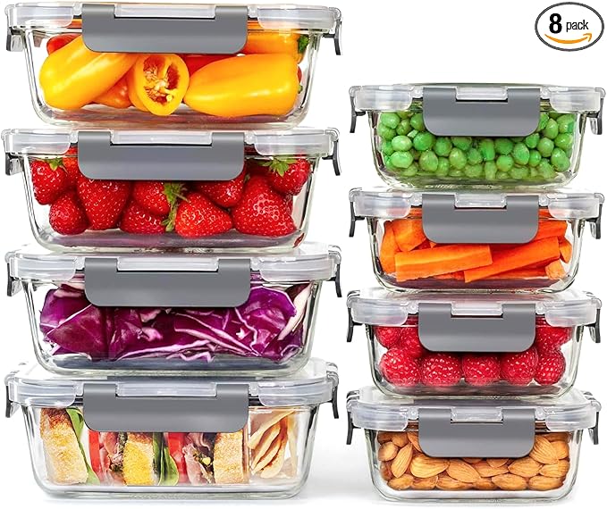 8 Pack Glass Food Storage Containers with Airtight Lids,Glass Meal Prep Containers with, Bento Boxes, Airtight Lunch Containers, Microwave,Oven, Freezer, Dishwasher