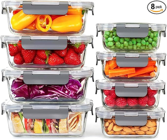 8 Pack Glass Food Storage Containers with Airtight Lids,Glass Meal Prep Containers with, Bento Boxes, Airtight Lunch Containers, Microwave,Oven, Freezer, Dishwasher