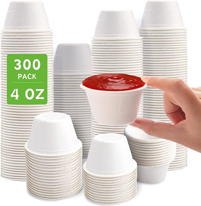 Blcculi 300 Pack Compostable Portion Cups,4 OZ Disposable Souffle Cups,White Bagasse Fiber Cups,Biodegradable Sauces Cups,Compostable Condiment Cups,Sample Cups for Snack, Salad, Dressing