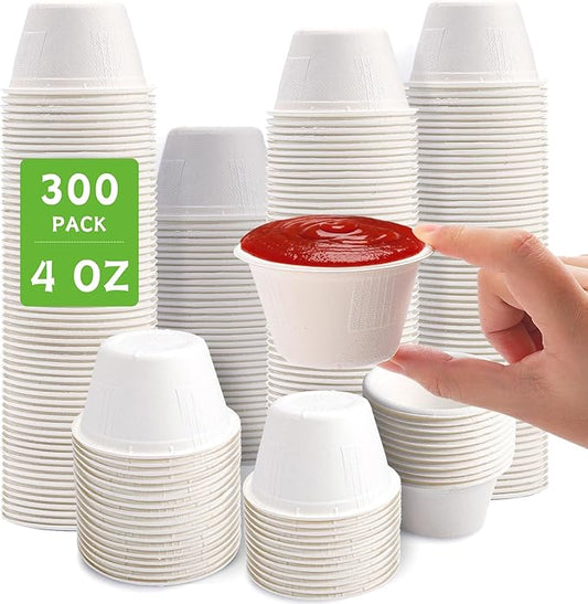 Blcculi 300 Pack Compostable Portion Cups,4 OZ Disposable Souffle Cups,White Bagasse Fiber Cups,Biodegradable Sauces Cups,Compostable Condiment Cups,Sample Cups for Snack, Salad, Dressing