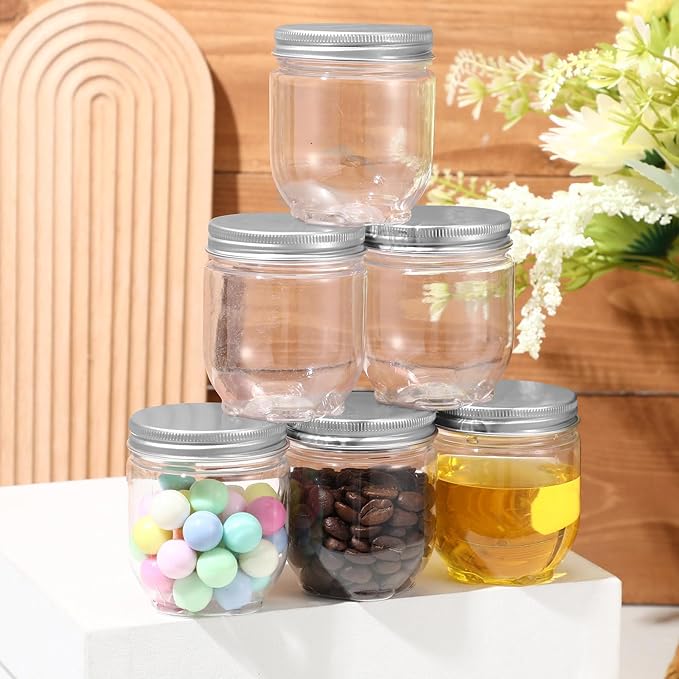 Tanlade 60 Pcs 4 oz Clear Plastic Wide Mouth Mason Jars with Lids Small Honey Jar Mini Storage Containers Bulk for Herb Jelly Butter Wedding Favors Shower Party (Silver)