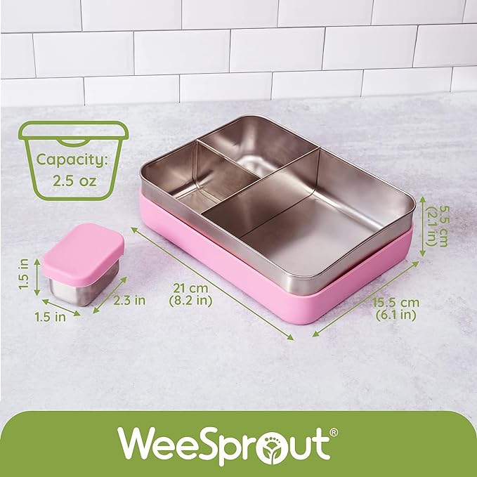 WeeSprout 18/8 Stainless Steel Bento Box (Large) - 3 Compartment Metal Lunch Box, for Kids & Adults, Bonus Dip Container, Fits in Lunch & Work Bags, Dishwasher & Freezer Friendly