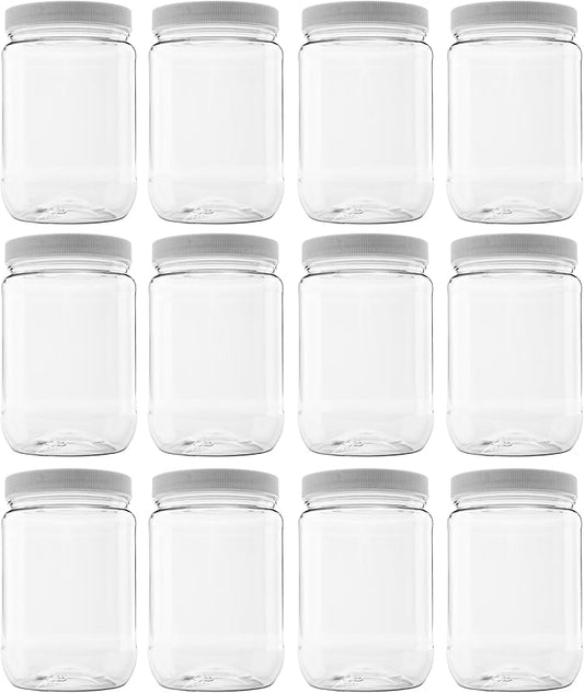 12 Pack of 32 Ounce Plastic Quart Jars with 89RM Leak Proof Seal Lid - Food Grade and BPA Free (32oz, 12pk)