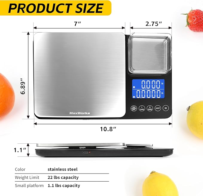 MaxWorks Dual Platform Digital Kitchen Scale 51069 22 lbs Capacity 11 inch x 7 inch x 1.18 inch Scale Units g kg lb oz ml Unit Conversion Tare Stainless Steel Tempered Glass + HIPS