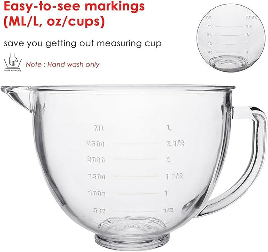FIRJOY Glass Mixing Bowl 5 QT for KitchenAid 4.5 and 5 Quart Tilt-Head Stand Mixers