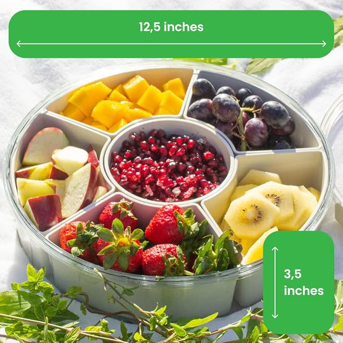 Divided Serving Tray with Lid & Handles for Snacks - Portable Round Snackle Box Container with 6 Compartments - 12" Charcuterie Board for Hosting & Party - BPA-Free & Freezer Safe Veggie Tray