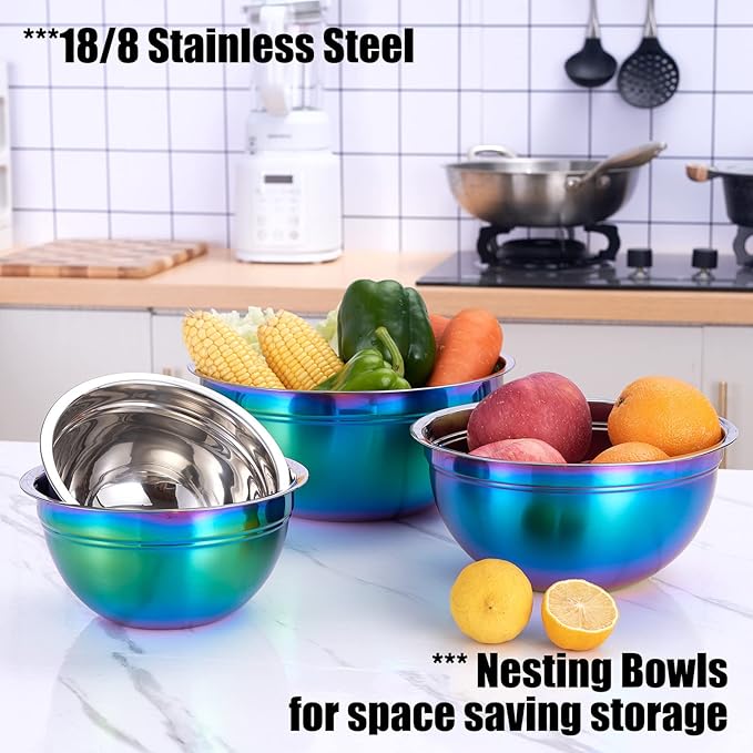 Rainbow Mixing Bowls,Stainless Steel Bowl, Salad Bowls 4 Piece Colorful Nesting Bowl Rainbow Kitchen Accessories,Deep bowls,large mixing bowls 1.5,2.1,3.6,7QT