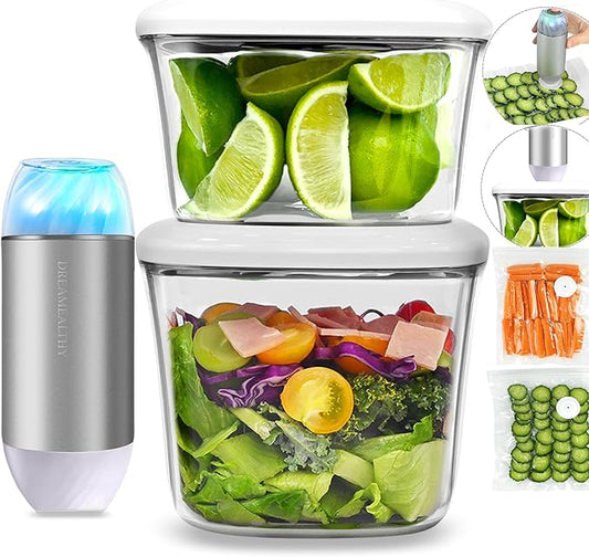 Auto Vacuum Seal Containers 1L+1.5L with Compact Handheld Vacuum Sealer, 2 Vacuum Zipper Bags, One-Touch Sealing, BPA Free Tritan, Airtight Food Storage Container with Lid also for Liquids