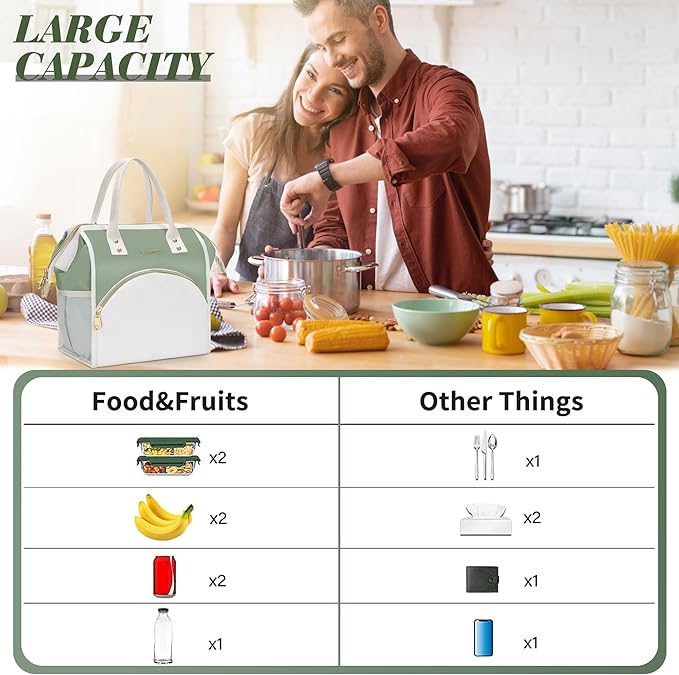 LOKASS Lunch Bag Women Insulated Lunch Box, Wide-Open Lunch Tote Bag Leak-proof Cooler Bag for Work Picnic-（Olive Green）