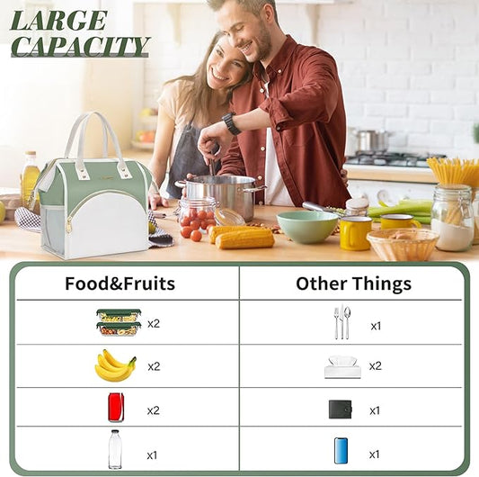 LOKASS Lunch Bag Women Insulated Lunch Box, Wide-Open Lunch Tote Bag Leak-proof Cooler Bag for Work Picnic-（Olive Green）