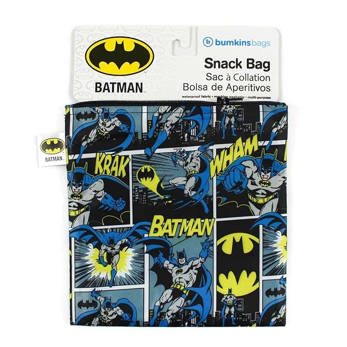 Bumkins Reusable Sandwich and Snack Bags, for Kids School Lunch and for Adults Portion, Washable Fabric, Waterproof Cloth Zip Bag, Travel Pouch, Food-Safe Storage, Large, DC Comics Batman