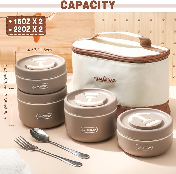Dandat 4 Pcs Insulated Bento Box Portable Stainless Steel Food Container Round Microwave Safe Stackable Leakproof Thermal Food Container for Adult Men Women with Insulated Bag, 74 oz (Khaki)