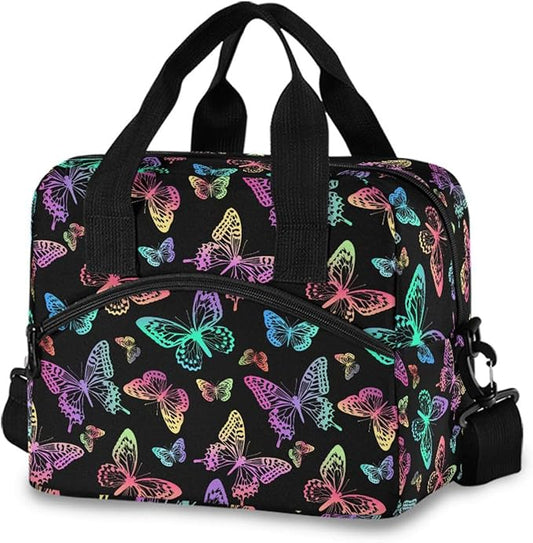 Rainbow Butterfly Lunch Bag for Man and Women Water-Resistant Fabric Portable Lunch Box, Insulated Meal Tote with Front Pocket