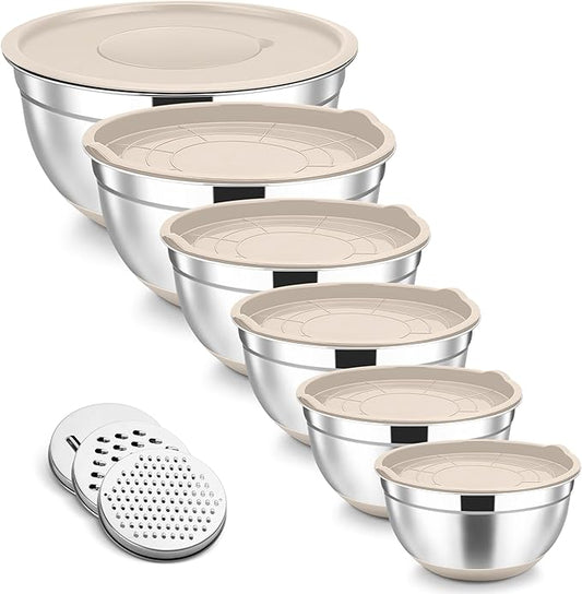 TeamFar Mixing Bowls, Stainless Steel Nesting Salad Bowl with Lids & 3 Graters, For Kitchen Cooking Serving Prepping, Airtight & Non-Slip, Size 4.6/3.5/2/1.5/1/0.7 QT, Set of 5 & Khaki