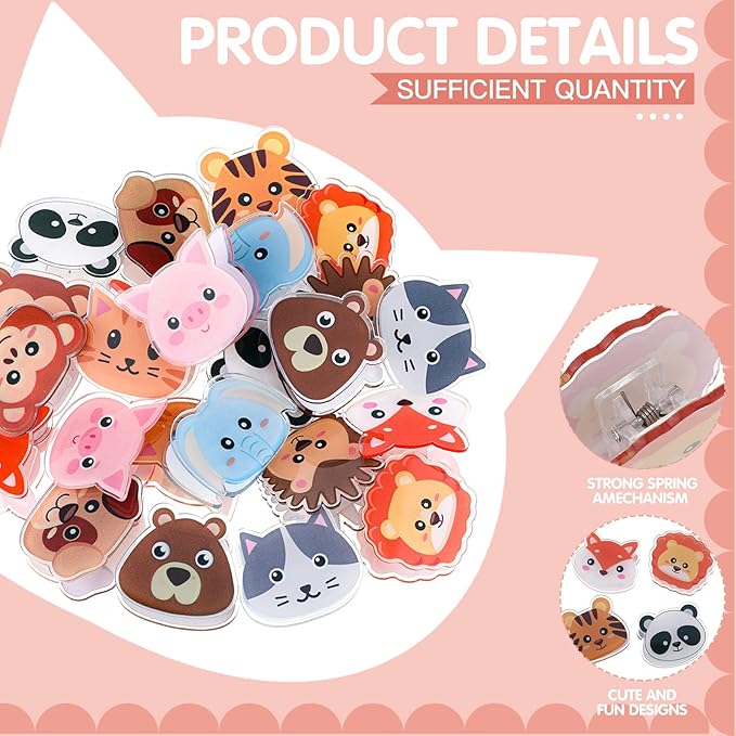 Crtiin 24 Pcs Cute Bag Clips Funny Animals Shaped Fruit Kitchen and Food Bag Clips Binder Paper Plastic for Airtight Seal Food Storage