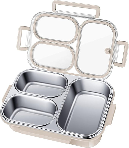 Stainless Steel Lunch Box for Kids & Adults - 25 oz - Leakproof 3 Compartment Metal Lunch Container - 18/8 Stainless Steel Bento Box - Ideal for School, Office & Outdoor - Dishwasher Safe (Cream)