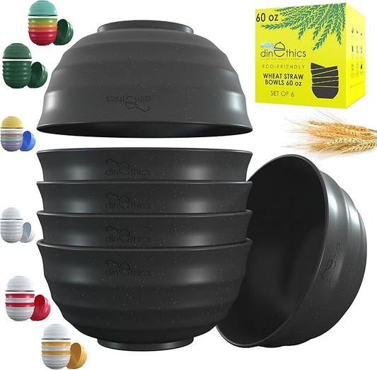 Wheat Straw Black Bowls 60 OZ - Deep & Big DishwasherSafe Microwavable Bowls set of 6 - Large Cereal bowls - Large Soup Bowl For Eating - PHO Bowl For Ramen, Rice, Breakfast, Salad, Snacks