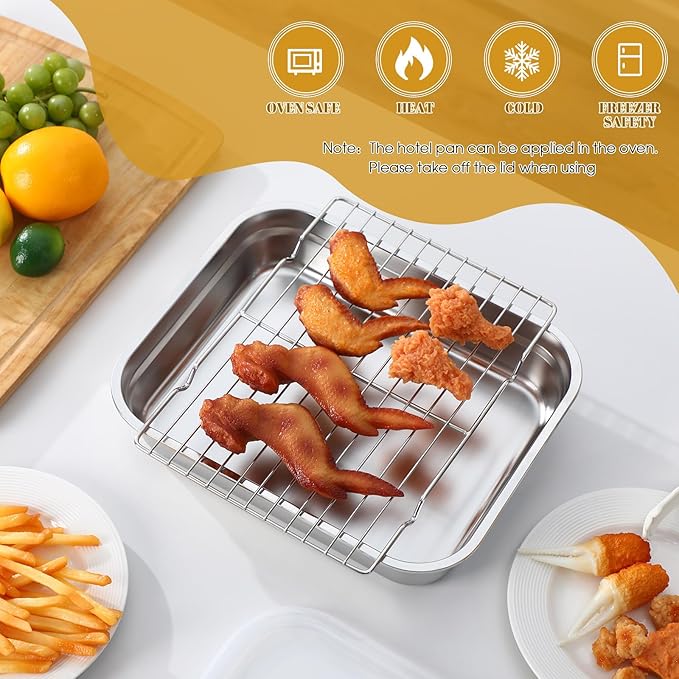 Stainless Steel Food Prep Container with Clear Lid and Rack Half Size Hotel Pans Steel Tray with Lid Fruit Storage Containers for Home Kitchen Restaurant Hotel, 32 x 26 cm(2.6 Inch)