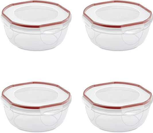 Sterilite Ultra-Seal 4.7 Qt Bowl, Large Airtight Food Storage Container, Latching Lid, Microwave and Dishwasher Safe, Clear With Red Gasket, 4-Pack