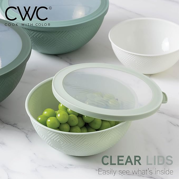 COOK WITH COLOR Mixing Bowls with Lids - 12 Piece Plastic Nesting Bowls Set includes 6 Prep Bowls and 6 Lids, Non Slip Bottom and Rhombus Design - Microwave Safe (Sage)