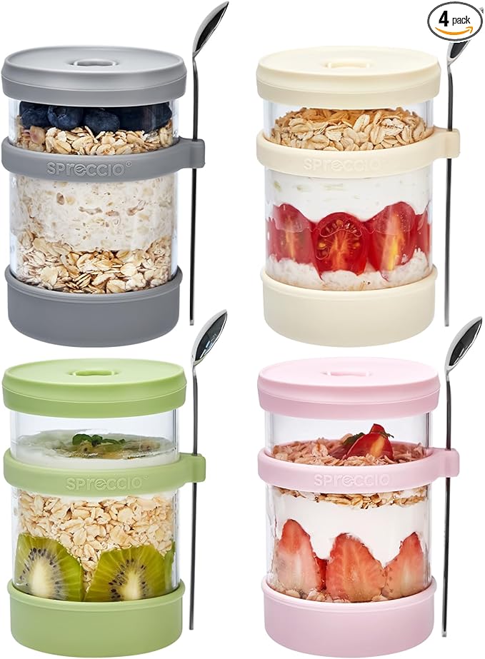 Glass Overnight Oats Containers with Lids of Silicone and Spoon 16 oz [4 Pack], Airtight Overnight Oats Jars with Silicone Lid, For Yogurt Containers Chia Pudding Jars Snack Spice (Multicolored)