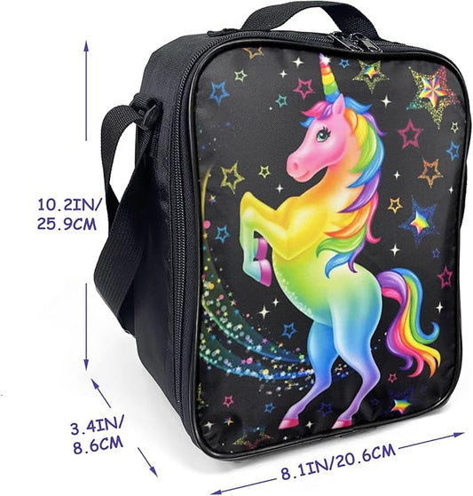 Kids Lunch Box, Insulated Lunch Bag for Girls, Cute Unicorn Lunch Bag with Shoulder Strap, School Bento Lunch Box for Kids Toddlers Teens, Aesthetic Black Reusable Cooler Thermal Meal Tote Kit