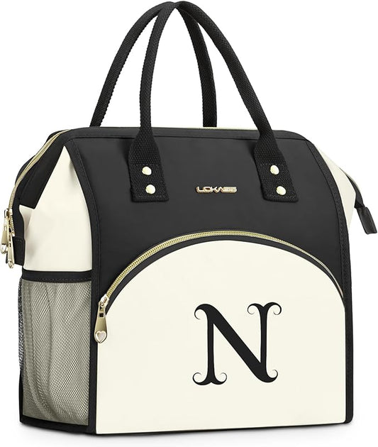 Personalized Lunch Bag for Women, Preppy Reusable Insulated Initials Lunch Box Gift for Friend Large Wide-Open Water Resistant Adult Cooler Tote Bag for Work, Travel, Picnic - Black N