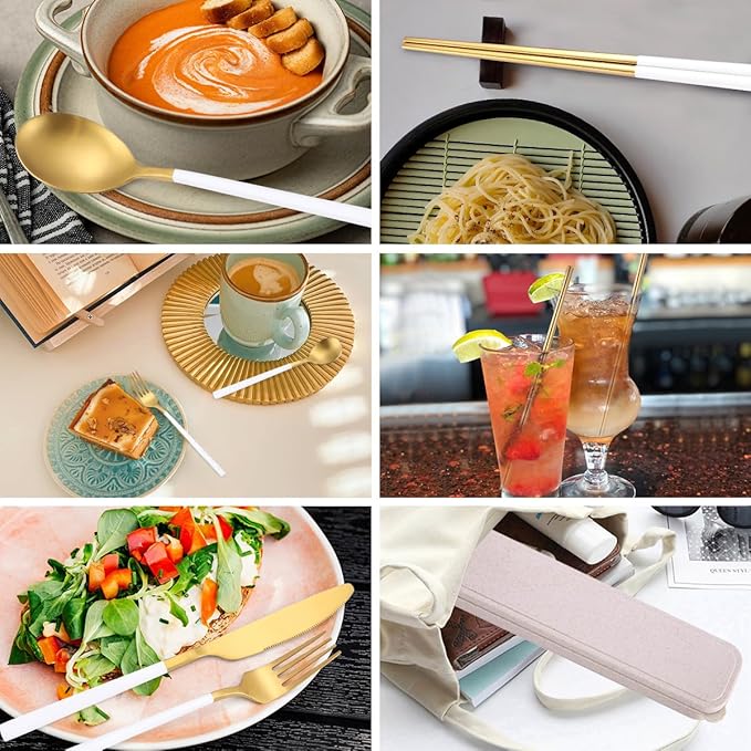 AARainbow 8 Pieces Stainless Steel Flatware Set Portable Reusable Cutlery Set Travel Utensils Set Including Chopsticks Knife Fork Spoon Straws Cleaning Brush Dishwasher Safe (B-White Golden)