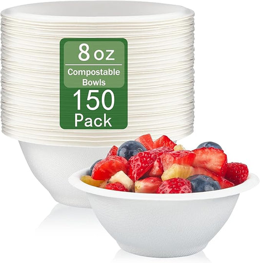 150 Pack 8 oz Paper Bowls Disposable White Small Compostable Soup Bowls Natural Bagasse Sugarcane Biodegradable Bowls for Cereals, Ice Cream, Desserts
