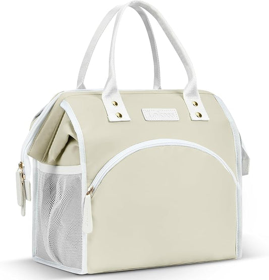 LOKASS Lunch Bag Women Insulated Lunch Box Wide-Open Lunch Tote Bag Large Waterproof Cooler Bag for Work Picnic Hiking Beach（Beige）