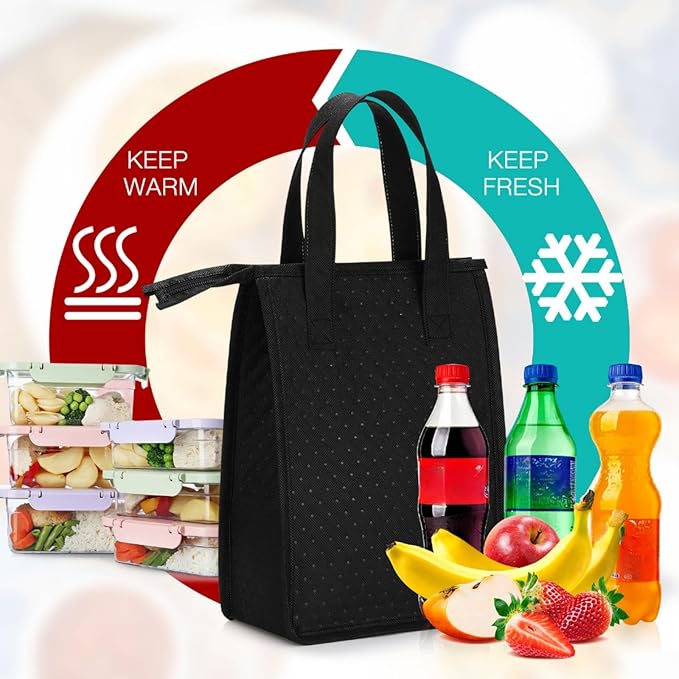 15 Pieces Insulated Lunch Bags Cooler Lunch Tote Bag Bulk with Zipper Thermal Leakproof Lunch Bags for Women Men Work Office School Travel Picnic(Black)
