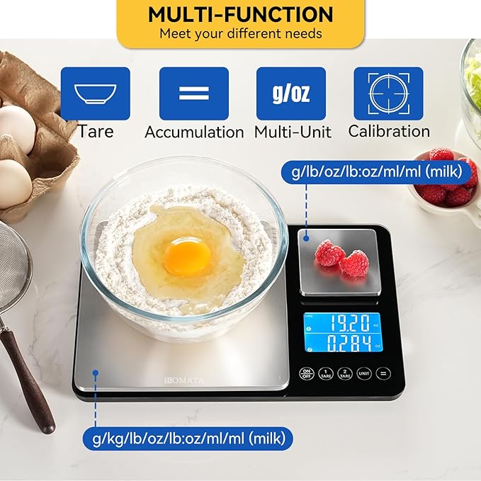 BOMATA Upgrated 0.01g/500g & 1g/15kg Dual Platform Kitchen Scale with Two Precisions, Accumulation Function, Gram and Ounce, Digital Scale for Food, Baking, Yeast, Jewelry B615