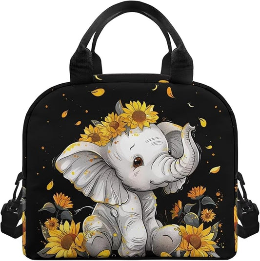 Showudesigns Sunflower Elephant Lunch Box for Girls Kids Insulated Lunch Bag Reusable Shopping Bag Keep Food Cold and Warm Crossbody Tote Bags Cute Lunchbox Travel Picnic Organizers