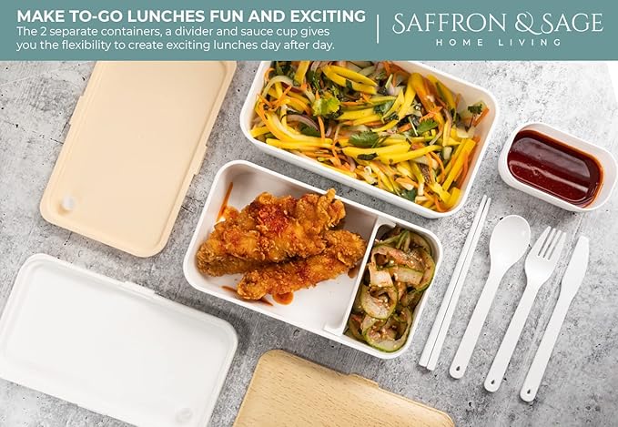 Saffron & Sage Bento Lunch Box - 42oz White Japanese style Bento Box for Adults or Kids with Cutlery, Chopsticks, Sauce Container and Bento Bag - Leak proof, Dishwasher, Freezer, Microwave safe