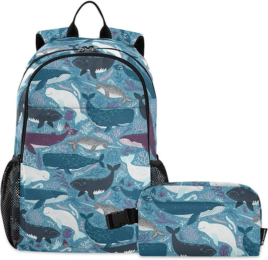 Marine Whales Kids Backpack for Girls Boys School Bookbag with Insulated Lunch Box for Elementary Students Middle School Teen Girls Backpacks