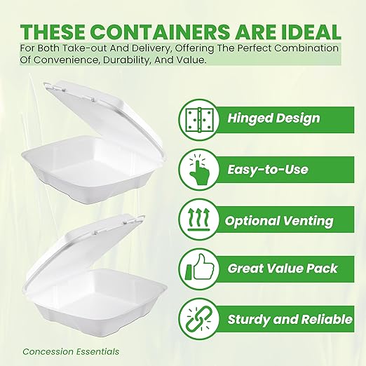 Concession Essentials Pack of 30CT Choice Large 9 x 9 x 3.5 Inch Foam 1-Compartment Containers, White, Hinged, with Optional Venting, Polystyrene, 9"L x 9"W x 3.5"H