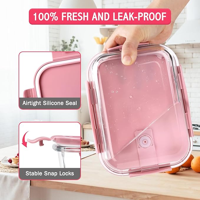 10PCS Glass Food Storage Containers Set with Lids Meal Prep Containers Reusable for Dishwasher Microwave Oven Freezer(10 lids,10 Containers-PINK)