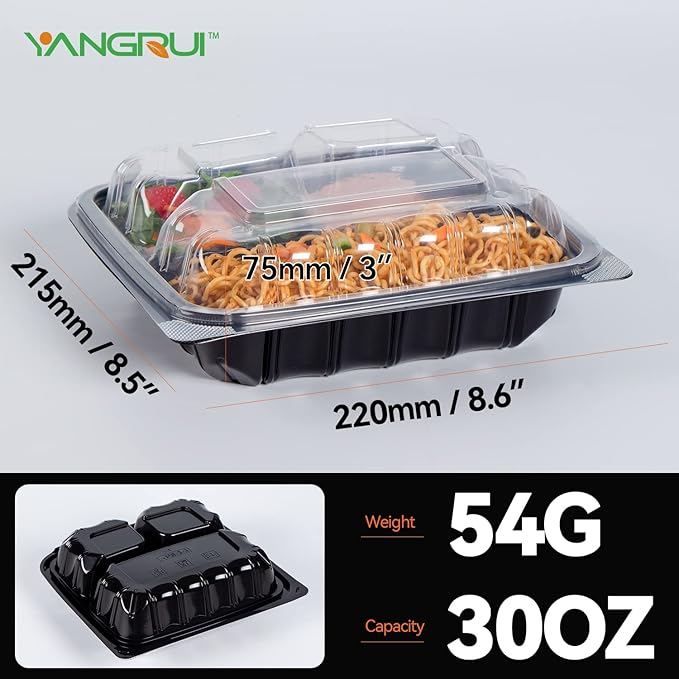 YANGRUI To Go Containers, Reusable Anti-Fog Leak Proof Shrink Wrap 25 Pack 34 oz 8 Inch 3 Compartment Clamshell Take Out Container BPA Free Pure PP Meterial Microwave Freezer Safe Meal Prep Boxes