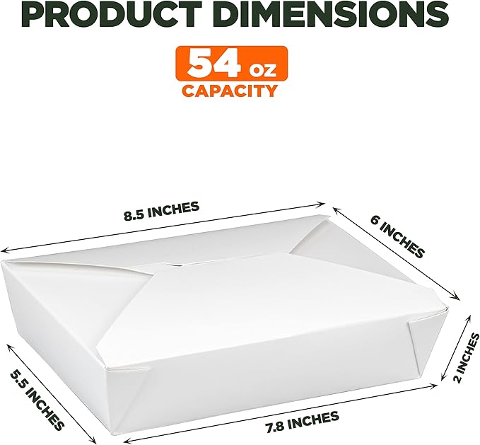 Fit Meal Prep 200 Pack 54 oz Paper Take Out Containers 8.5 x 6 x 2 - White Lunch Meal Food Boxes #2, Disposable Storage To Go Packaging, Microwave Safe, Leak Grease Resistant for Restaurant