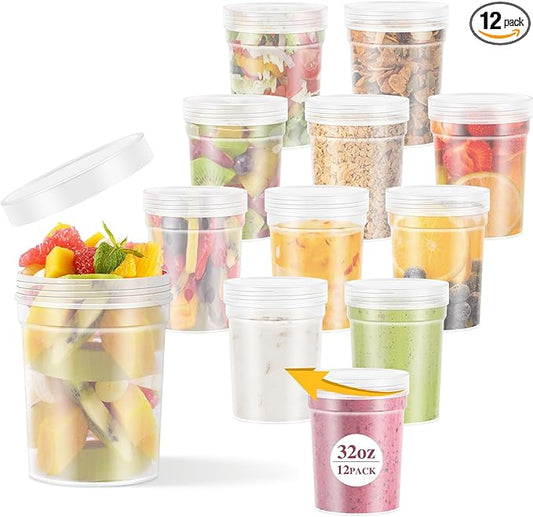 32 oz -12 Pack Reusable Food Freezer Storage Containers with Lids, BPA Free Twist Top Deli Container, Leak Proof, Stackable, Microwave and Dishwasher Safe