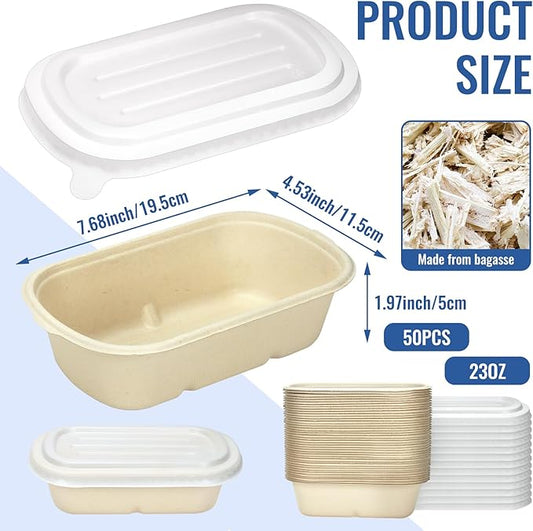 50 Pack Disposable Meal Prep Containers with Lid, 23 oz Bagasse Paper Take Out Food Containers Disposable Cardboard Meal Prep Container Serving Bowls for Snack Lunch Salad Leftovers
