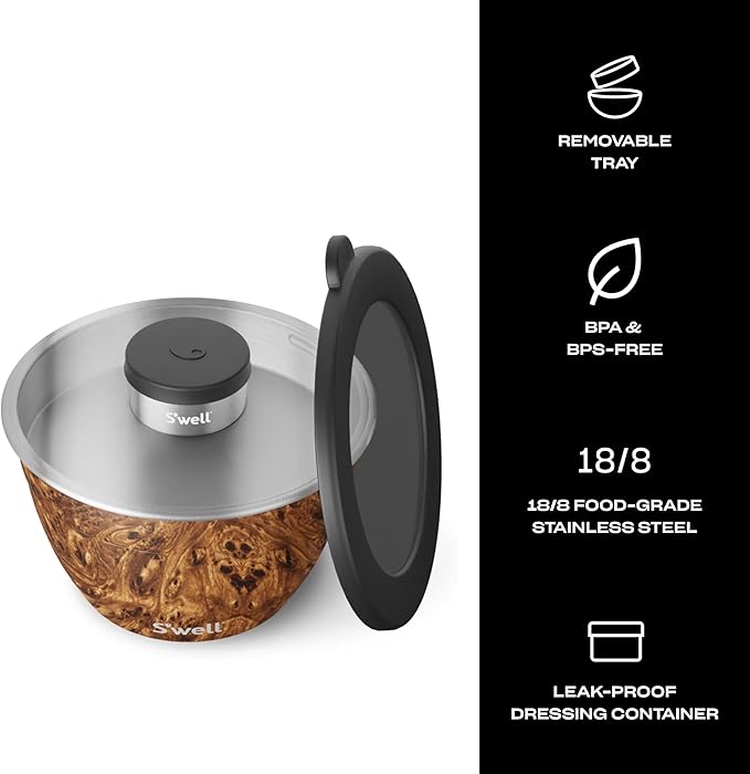 S'well Stainless Steel Salad Bowl Kit - 64oz, Teakwood - Comes with 2oz Condiment Container and Removable Tray for Organization - Leak-Proof, Easy to Clean, Dishwasher Safe