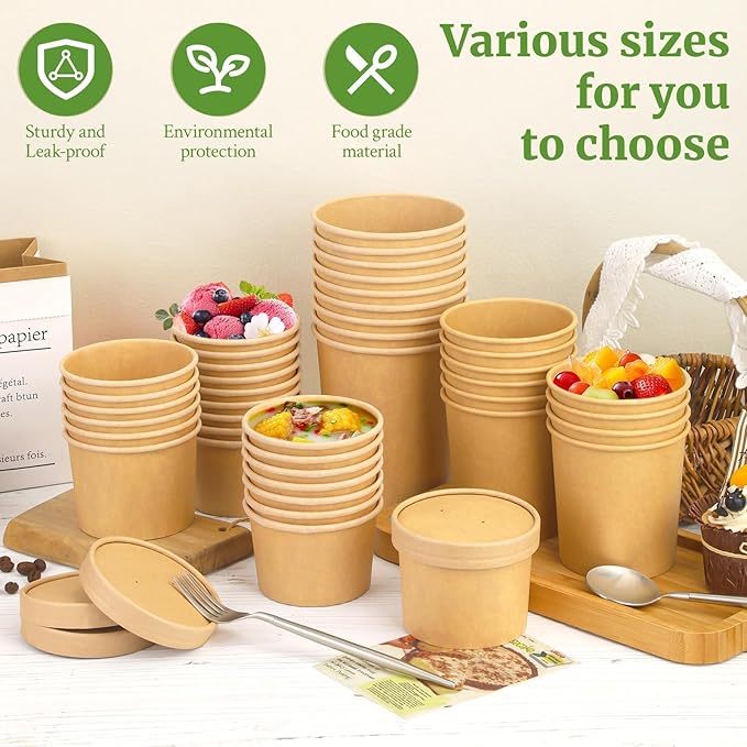 8 Oz Compostable Paper Soup Cups, 50 Pack Kraft Paper Soup Cups, Disposable Paper Soup Containers with Vented Lids, Microwave Safe Party Cups, Eco Friendly Alternative to Plastic Containers