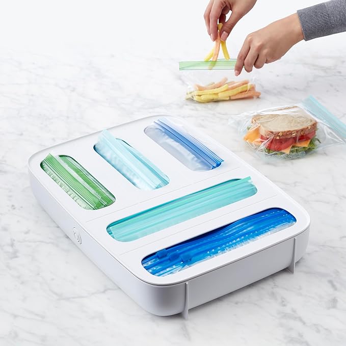 YouCopia StoraBag Drawer Food Bag Dispenser, Plastic Sandwich Bags Organizer for Kitchen Storage, 5-Slot, White