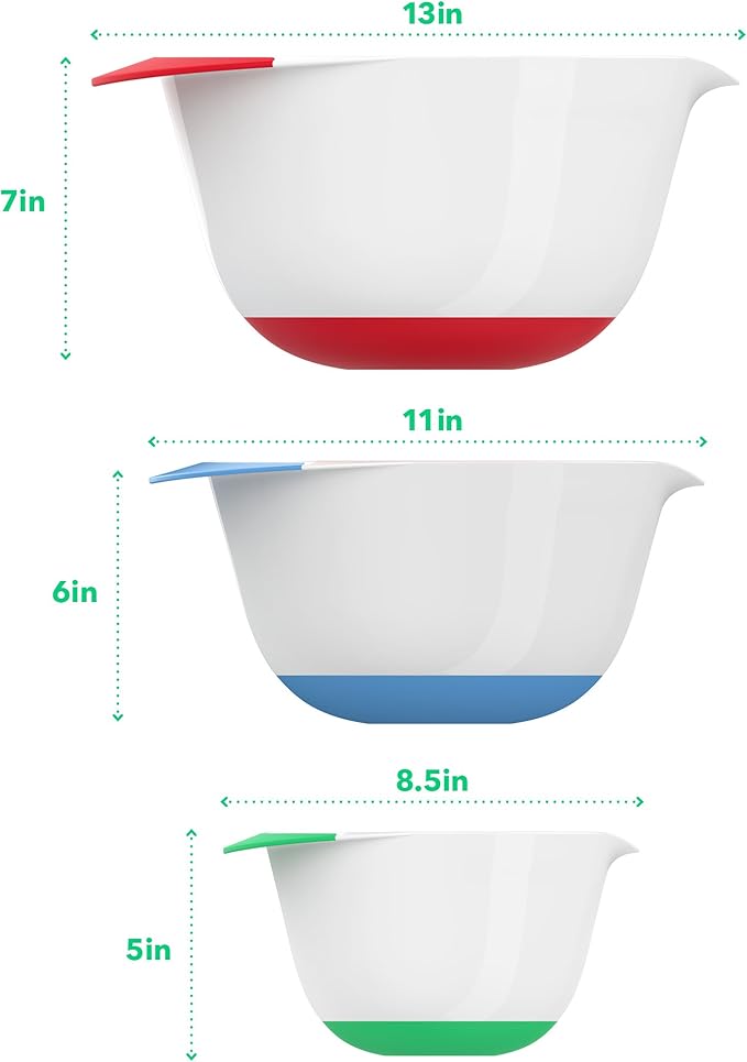 Vremi 3 Piece Plastic Mixing Bowl Set - Nesting Mixing Bowls with Rubber Grip Handles Easy Pour Spout and Non Slip Bottom - Three Sizes Small Large Capacity for Kitchen Baking or Salad - White Multi